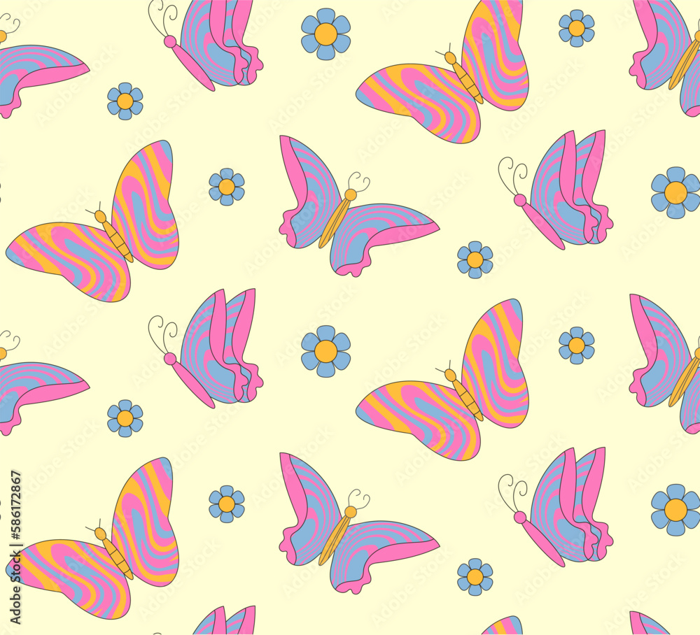 Groovy pattern butterfly, flower . Hippie 60s 70s seamless.