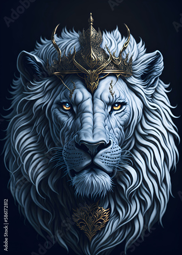 White lion head wearing a crown with a golden pattern hyper-detailed illustration, Generative AI
