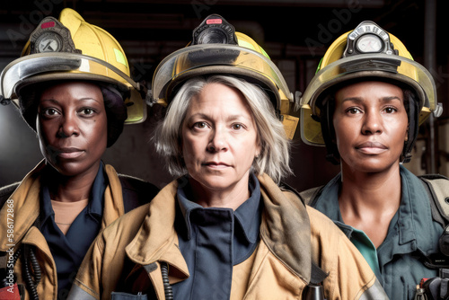 Women firefighters united, promoting diversity and fostering inclusive empowerment in the workplace. Generative AI.  © Victor