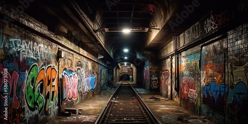 Long empty tunnel with graffiti on the wall. Bright graffiti in an underground tunnel. Dim light, graffiti. Dark and long underground passage with light. Urban style. Generative AI