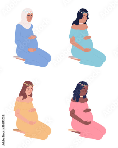 Expectant women patiently waiting for baby semi flat color vector characters pack. Editable full body people on white. Simple cartoon style spot illustration set for web graphic design and animation