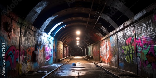 Long empty tunnel with graffiti on the wall. Bright graffiti in an underground tunnel. Dim light, graffiti. Dark and long underground passage with light. Urban style. Generative AI