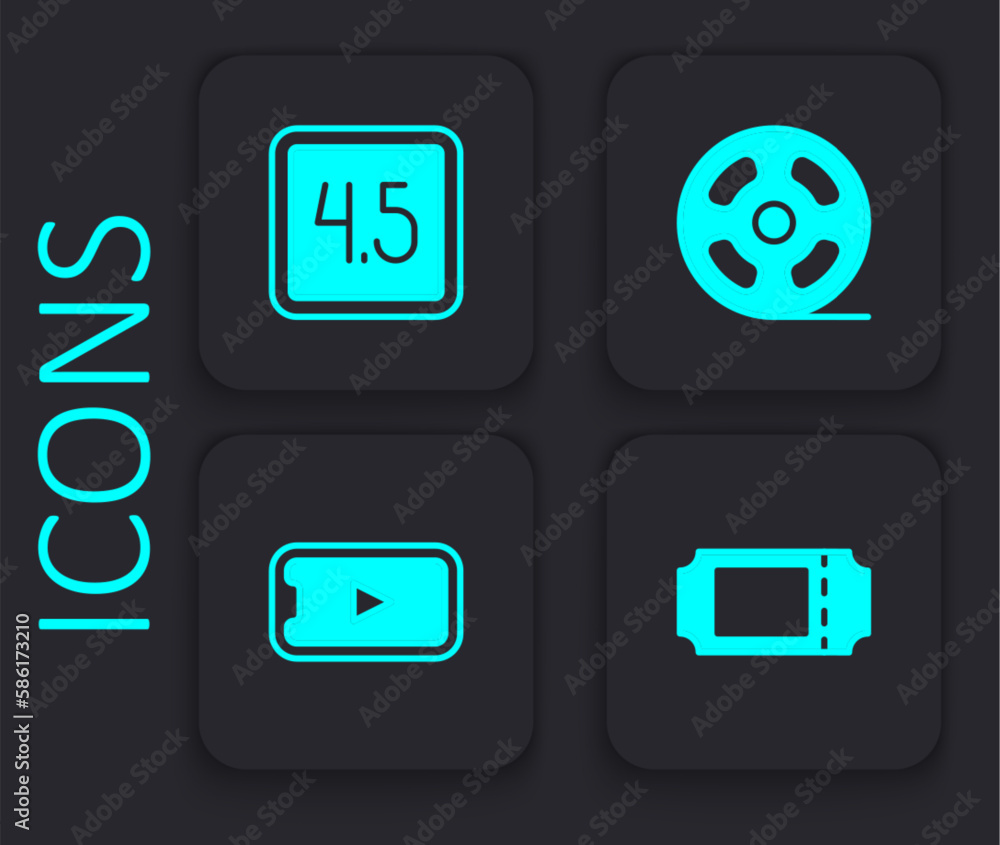 Set Cinema ticket, Rating movie, Film reel and Online play video icon. Black square button. Vector Set Cinema ticket, Rating movie, Film reel and Online play video icon. Black square button. Vector