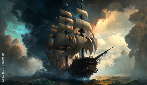 Pirate sailing ship. Generative AI.
