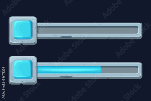 Stone menu bar, progress process scale for level interface in cartoon style isolated. Game asset, set template