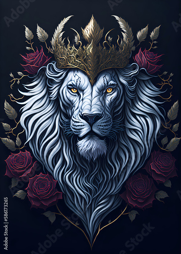 White lion head wearing a crown with a golden pattern and roses: hyper-detailed illustration, Generative AI