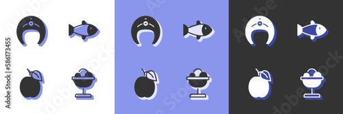 Set Ice cream in the bowl, Fish steak, Plum fruit and icon. Vector