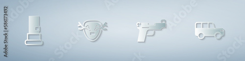 Set Cartridges, Deer antlers on shield, Pistol or gun and Safari car. Paper art style. Vector