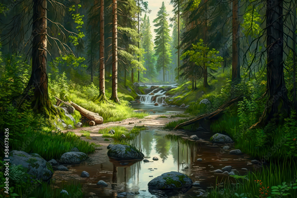 A beautiful sunny day in a European forest with a stream as a digital illustration (Generative AI)