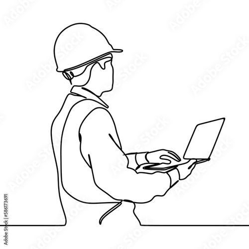continuous line drawing of engineer working with laptop at power plant