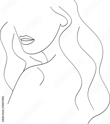 Minimalist silhouette of woman with long curly hair. Black and white. White background. Line drawing.