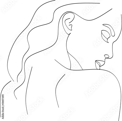 Minimalist silhouette of woman with long curly hair. Black and white. White background. Line drawing.