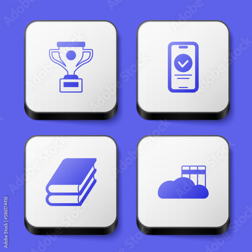 Set Award cup, Online quiz, test, survey, Book and Cloud or online library icon. White square button. Vector