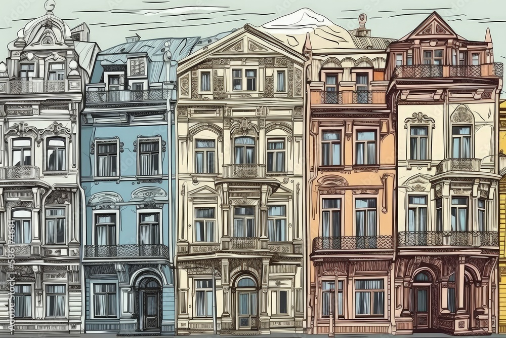 Fototapeta premium colorful row of buildings in an urban landscape created with Generative AI technology