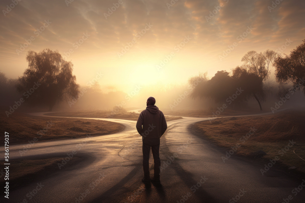 man standing in front of various paths, needing to make a decision to move forward in life. Generative Ai. man standing in front of various paths, needing to make a decision to move forward in life. Generative Ai.