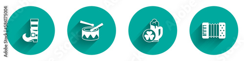 Set Leprechaun boot, Drum with drum sticks, Glass of beer and Accordion icon with long shadow. Vector