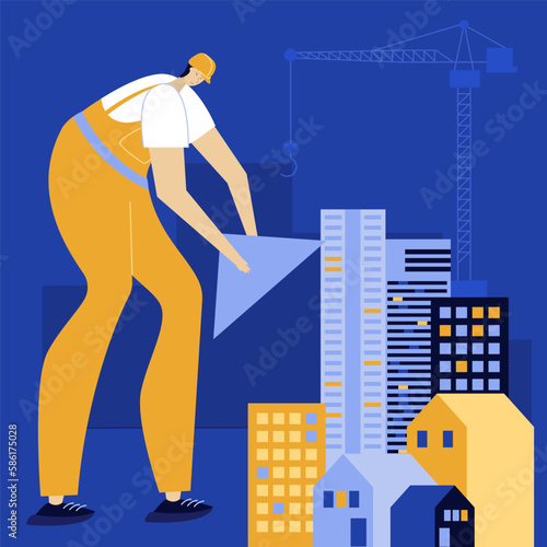 The builder rebuilds Ukrainian city. He strong man in robe and helmet, to do hard work. He hold the construction materials. SUPPORT UKRAINE, NO WAR.