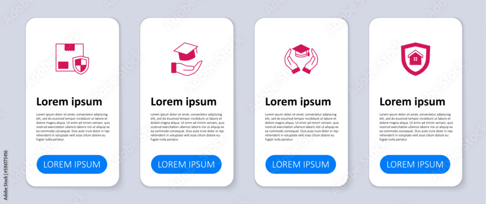 Set House with shield, Education grant, and Delivery security. Business infographic template. Vector Set House with shield, Education grant, and Delivery security. Business infographic template. Vector