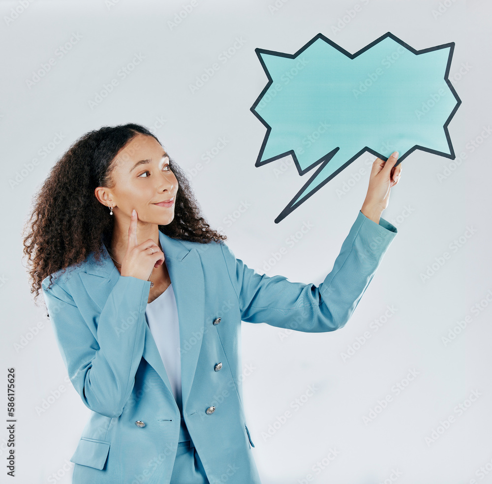 Business woman, speech bubble and thinking in studio for mockup, opinion and space by white background. Happy entrepreneur, smile and ideas for social media, mock up and happiness for company promo Business woman, speech bubble and thinking in studio for mockup, opinion and space by white background. Happy entrepreneur, smile and ideas for social media, mock up and happiness for company promo