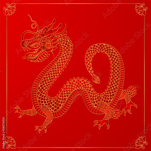 Traditional golden chinese dragon. 2024 Zodiac sign. Vector illustration.