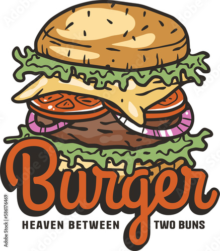 Burger with meat  cheese and vegetable for logo or emblem. American fast food or hamburger for poster. USA food with bun  lettuce  cheese  tomato  onion  cutlet for cafe and restaurant.