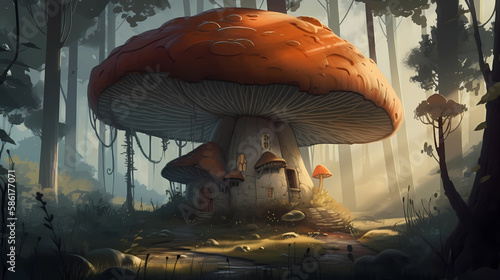A giant mushroom house. digital art illustration. generative AI.