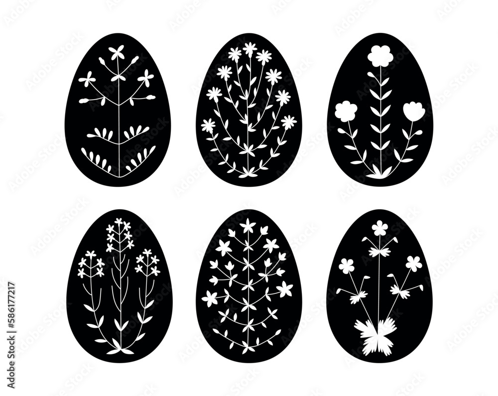 Vector hand drawn illustration of floral decorative Easter Eggs set. Ornaments with wildflower silhouette Vector hand drawn illustration of floral decorative Easter Eggs set. Ornaments with wildflower silhouette
