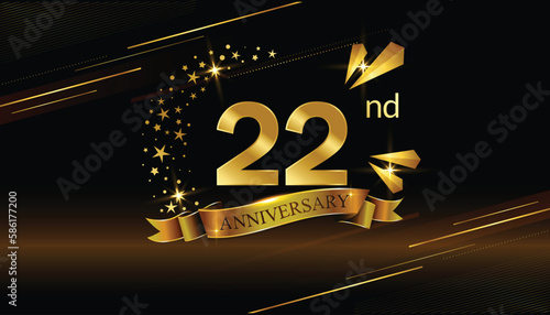 22nd anniversary logo with golden ring, confetti and red ribbon isolated on elegant black background, sparkle, vector design for greeting card and invitation card