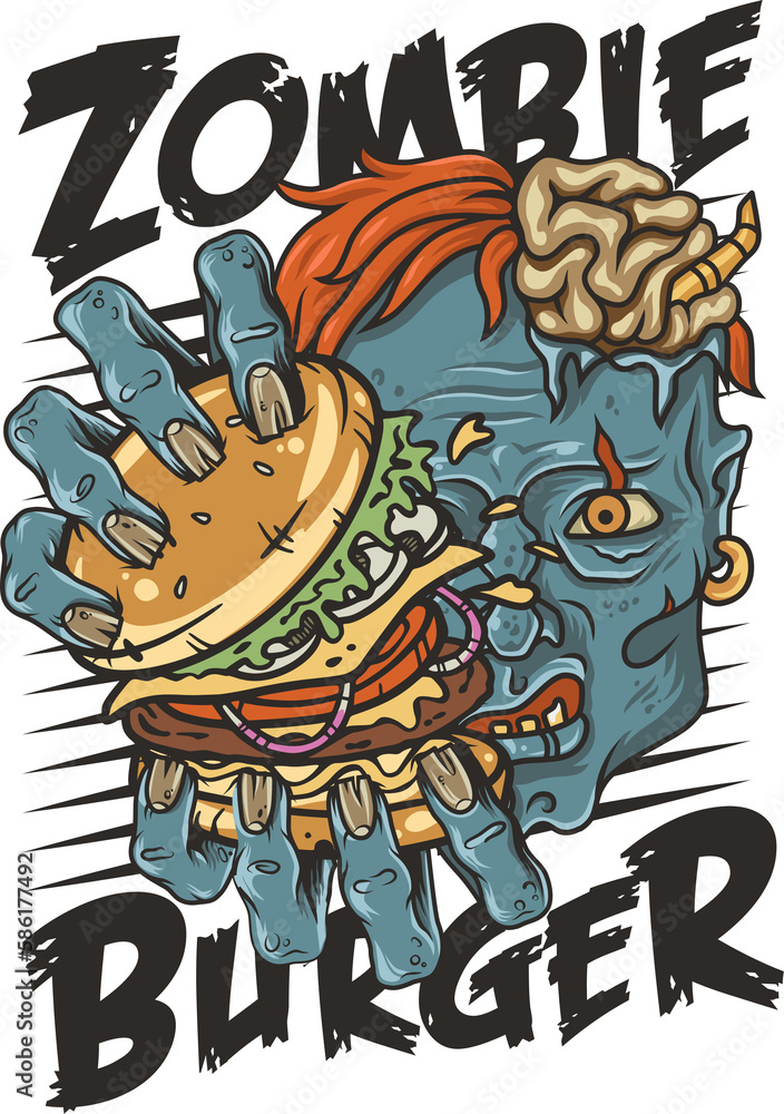 Obraz premium Zombie burger or american fast food or USA food with walking dead or undead with hamburger for logo or poster. Tasty burger in zombie hands
