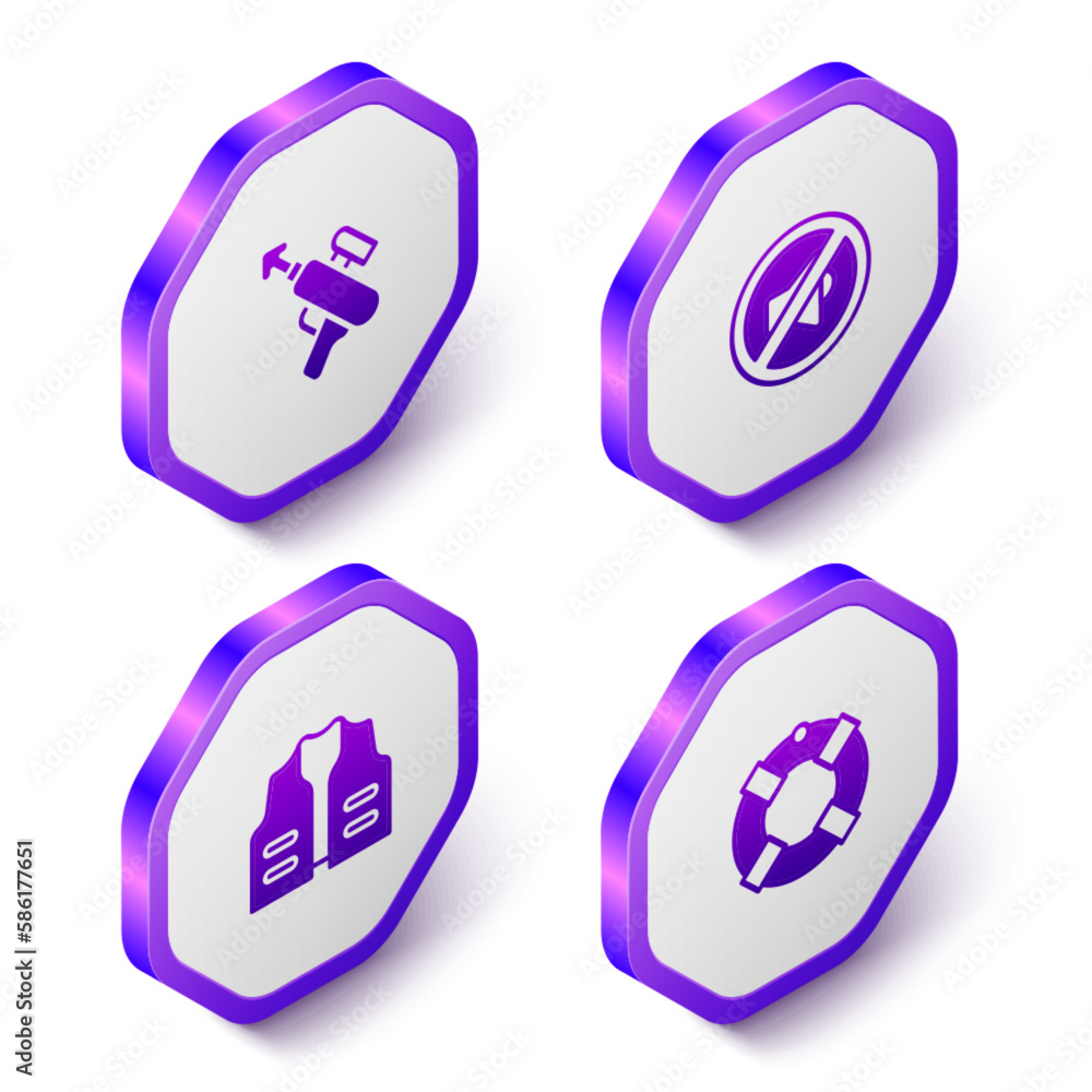 Set Isometric Fishing harpoon, Speaker mute, jacket and Lifebuoy icon. Purple hexagon button. Vector Set Isometric Fishing harpoon, Speaker mute, jacket and Lifebuoy icon. Purple hexagon button. Vector