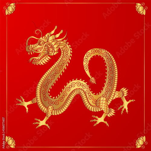 Traditional golden chinese dragon. 2024 Zodiac sign. Vector illustration.
