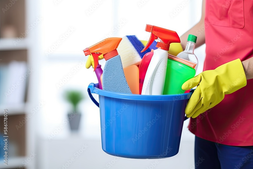 A woman holds cleaning products in a plastic bucket. The concept of cleanliness and order. Generative AI A woman holds cleaning products in a plastic bucket. The concept of cleanliness and order. Generative AI