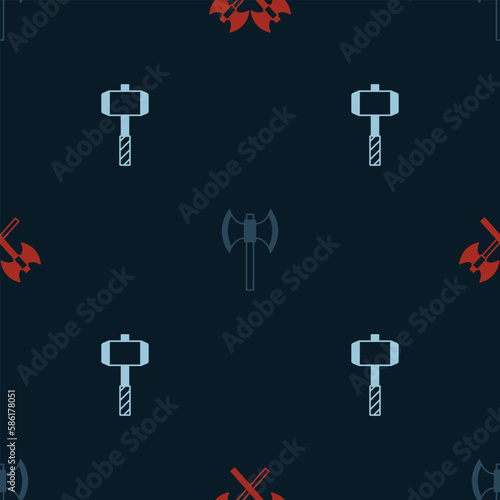 Set Crossed medieval axes, Medieval poleaxe and Battle hammer on seamless pattern. Vector