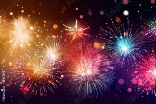 Festive bright fireworks in the sky on bokeh background. Generative AI