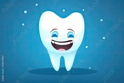 Cartoon baby tooth with a smile on a blue background. Generative AI