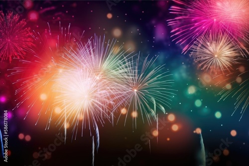 Colorful fireworks with bokeh background. Generative AI