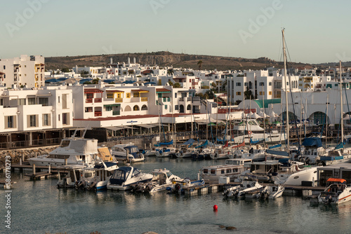Langebaan, West Coast, South Africa. 2023.Overview of the harbour and marina at Club Mykonos a Greek style resort near Langebaan, South Africa. photo