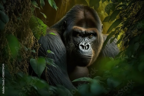 An enlarged view of a gorilla in the forest as a digital illustration (Generative AI)