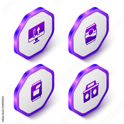 Set Isometric Online ordering food, Soda can, and Coffee cup to go icon. Purple hexagon button. Vector