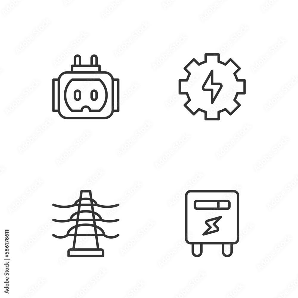 Set line Electric meter, tower line, Tee plug electric and Gear and lightning icon. Vector Set line Electric meter, tower line, Tee plug electric and Gear and lightning icon. Vector