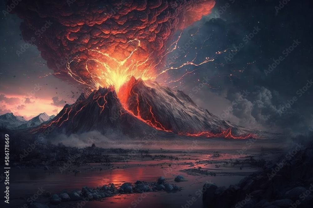 A volcano erupts with explosive force and spews ash rock as a digital illustration (generative AI)