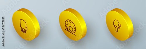 Set Isometric line Boxing glove, Soccer football ball and Racket icon. Vector