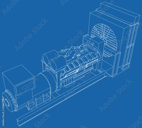 Generator. Diesel and gas industrial electric generator. The layers of visible and invisible lines are separated. Wire-frame outline.