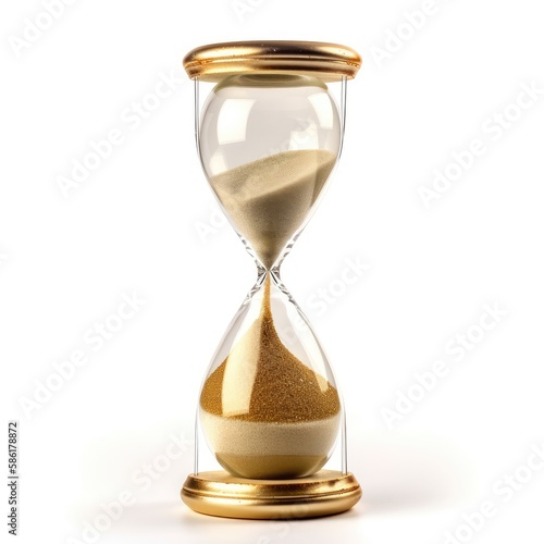 Golden sand hourglass on white background, symbol of time running out. Countdown to deadline, time management and urgency concept. Generative AI