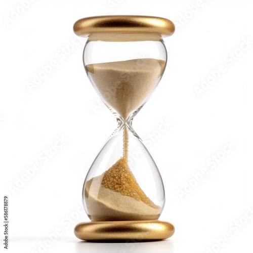 Golden sand hourglass on white background, symbol of time running out. Countdown to deadline, time management and urgency concept. Generative AI
