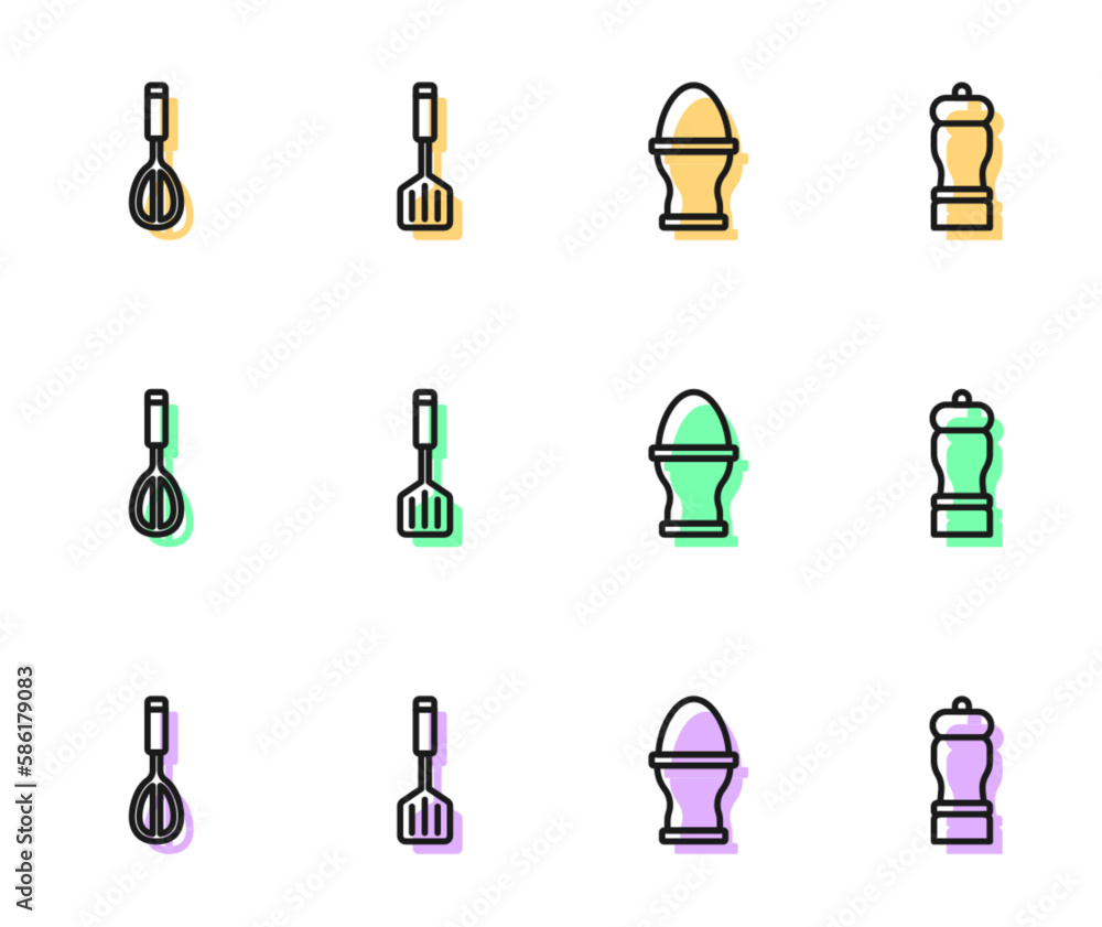 Set line Chicken egg on a stand, Kitchen whisk, Spatula and Pepper icon. Vector Set line Chicken egg on a stand, Kitchen whisk, Spatula and Pepper icon. Vector