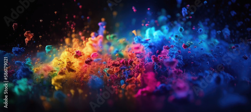 Vivid burst of color. Abstract color explosion or powder burst type background. Shallow depth of field. Colorful eye catching abstract background. Wide format. Generative AI.