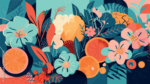 Abstract art flowers and fruits background vector. Modern shape line art wallpaper.