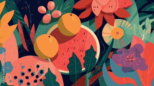 Abstract art flowers and fruits background vector. Modern shape line art wallpaper.
