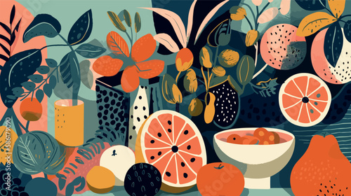 Abstract art flowers and fruits background vector. Modern shape line art wallpaper.